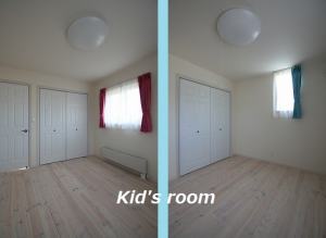 ◆子供部屋
床材の色を白にし、明るい空間に♪
カーテンの色がとても映えますね。