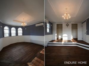 寝室
ﾍﾞｯﾄﾞｽﾍﾟｰｽは床を下げ、段差を作りました。
綺麗なシャンデリアであこがれの空間に