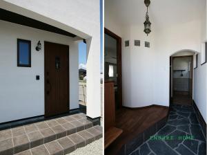 玄関に入るとまず目に入る乱形のストーン
オーナー様お持ち込みの照明も素敵です!!