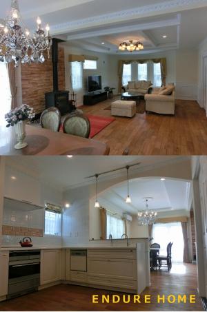 リビングは広々と約30帖もあり、
天井など装飾を施し美しい空間に
照明やカーテンなど、オーナー様の
センスが光るとても素敵な内装に♪