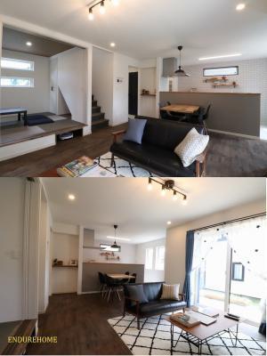 ＬＤＫの床はラバーウッドフロア、自然塗料で塗装し仕上げています*和室は小上がりになっているので、腰かけてテレビを見ることも◎
ご要望でルンバのお家も作りました☆